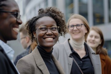 Portrait of smiling afro american businesswoman with colleagues in background