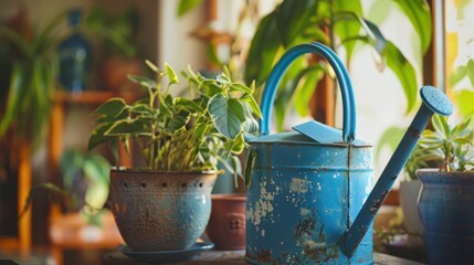 Canvas Print - Vintage Watering Can with Indoor Plants