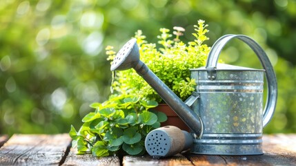 Wall Mural - Vintage Watering Can with Green Plants in Background