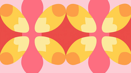 Poster - A vibrant abstract design showcases a pattern of yellow, orange, and pink shapes arranged symmetrically on a soft pink backdrop, inviting creative interpretations