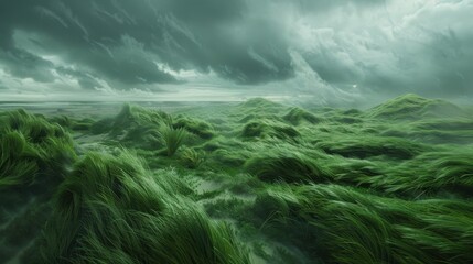 Poster - Lush Green Landscape Under Dramatic Cloudy Sky