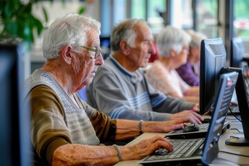 Leinwandbilder - A group of elderly participants focuses on computer lessons, improving their digital skills with laptops and desktops at a local center. Generative AI