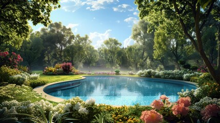 Canvas Print - Tranquil Garden with Serene Pool and Lush Greenery