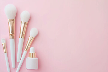 A collection of luxurious makeup brushes and a serum bottle is beautifully arranged on a pastel pink surface, showcasing a stylish beauty display