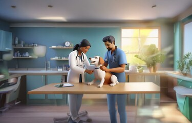 Two doctors, one female and one male, are examining a dog on a table in an animal clinic.