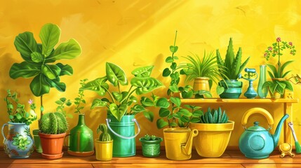 Sticker - Colorful Indoor Plants on Shelf Against Yellow Background