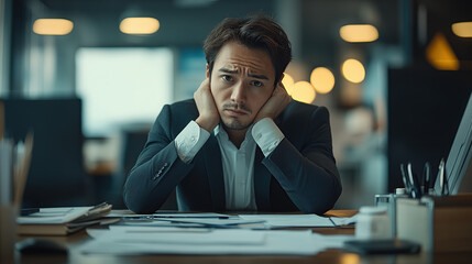 an employee sitting at their desk in the office, looking sad and bored with work documents on it