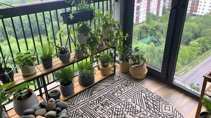 Canvas Print - Urban balcony garden with lush green plants and decor