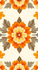 Poster - A colorful floral design showcasing large orange and yellow flowers surrounded by green leaves against a soft cream background, perfect for home decor