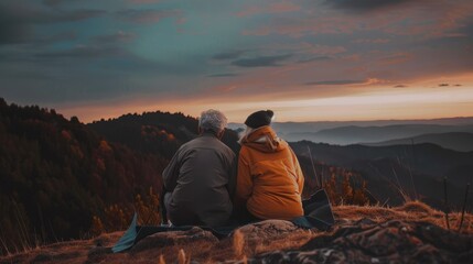 Wall Mural - Serene Sunset View with Couple on Scenic Mountain Top