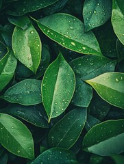 Leinwandbilder - lush green leaves adorned with shimmering water droplets create a refreshing display of nature's bea