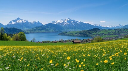 Sticker - Visitors admire the breathtaking Swiss spring landscape filled with blooming flowers, serene lake views, and towering mountain peaks. Generative AI