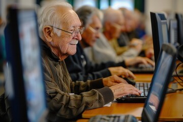 Leinwandbilder - A group of seniors actively participate in computer courses, using laptops and desktops to enhance their digital skills. Generative AI