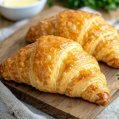 Delicious golden croissants resting on a wooden board, showcasing flaky layers and a buttery sheen.