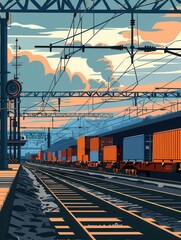 Poster - A freight train is being loaded with colorful containers at a busy railway station as the sun sets, casting a warm glow over the scene. Generative AI