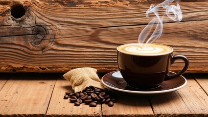 worn, distressed wooden plank serves as the rustic backdrop for a steaming hot cup of coffee, adorned with a delicate