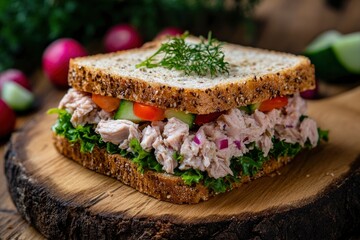 rye bread sandwich with tuna and vegetables on wood background - generative ai