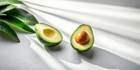 Two halves of an avocado with a single pit, illuminated by sunlight on a white surface with a leafy green stem