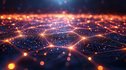 A detailed 3D illustration of a mesh network with geometric shapes, representing technology and scientific concepts.