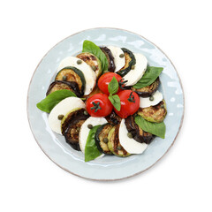 Sticker - Tasty salad with grilled vegetables and mozzarella cheese isolated on white, top view