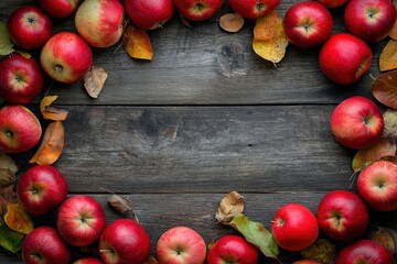 Still-life. Circular composition on a dark wooden background. Realistic village apples. In the center is a place for text. Rustic style - generative ai