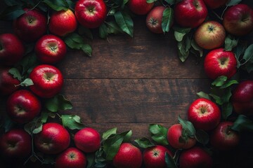 Still-life. Circular composition on a dark wooden background. Realistic village apples. In the center is a place for text. Rustic style - generative ai