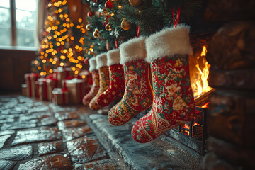 Wall Mural - Children hanging stockings by the fireplace, awaiting gifts from Santa Claus, representing another popular tradition associated with Mikolaj Concept of holiday stockings.