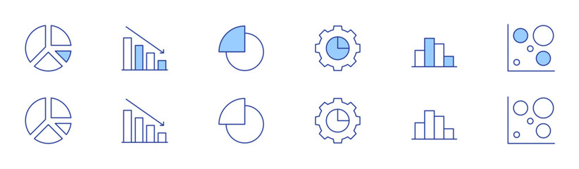 Statistics icon set in two styles, Duotone and Thin Line style. Editable stroke. gear, graph, graphic, heat, loss, pie chart