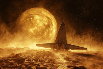 Wall Mural - a spacecraft traveling toward a distant exoplanet, symbolizing the search for habitable planets beyo