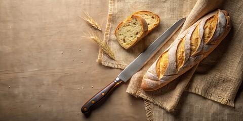 A fresh loaf of bread with a few slices, a knife, and wheat stalks on a burlap cloth