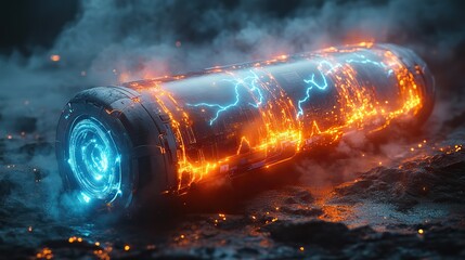 Wall Mural - a futuristic concept featuring a digital lithium-ion battery with neon blue lightning, symbolizing h