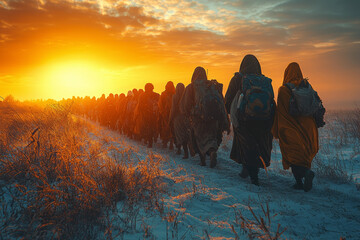 Wall Mural - a group of refugees crossing a border, symbolizing the human impact of global migration. concept of 