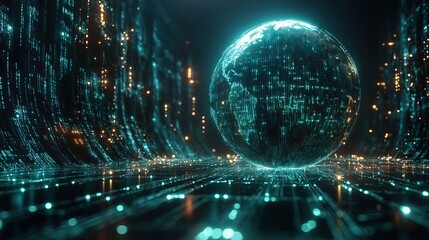 A globe of glowing binary lines on a black floor sets the stage for a futuristic tech background, highlighting modern data transmission.