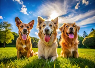 Playful Dogs with Floppy Ears Enjoying a Sunny Day in the Park Surrounded by Green Grass