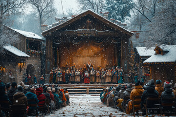 Wall Mural - A community theater performing a play about the story of St. Nicholas, symbolizing the cultural storytelling of the holiday. Concept of holiday plays.