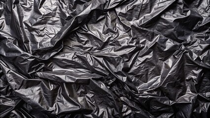 Crumpled black plastic texture background close-up