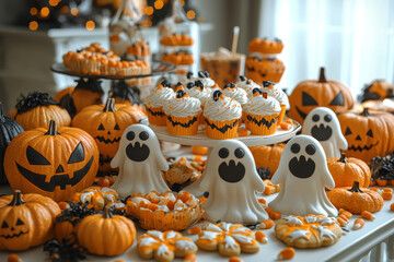 Wall Mural - A table filled with themed treats like ghost-shaped cookies and candy corn. Concept of Halloween parties.