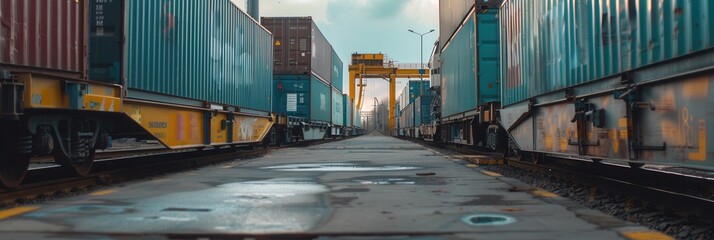 Poster - A freight train is actively being loaded with colorful containers at a busy railway station under a cloudy sky. Generative AI