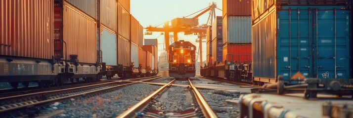 Aufkleber - A freight train arrives at the railway station to be loaded with containers as the sun sets, creating a vibrant atmosphere. Generative AI