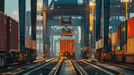 Fototapete - A freight train is being loaded with colorful containers at a bustling railway station in the evening light, showcasing industrial activity. Generative AI