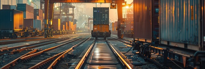 Fototapete - A freight train is being loaded with colorful shipping containers at a busy railway station during the warm glow of sunset. Generative AI