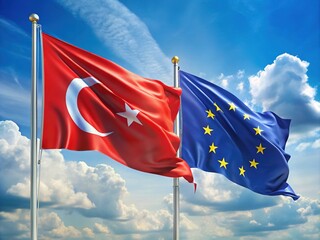 European Union and Turkey Flags in 3D Macro Photography - Silky Textures Against a Blue Sky