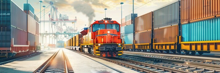 A freight train is actively being loaded with colorful containers at a busy railway station, showcasing transport logistics in action. Generative AI