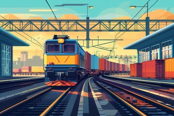 Fototapete - A freight train is being loaded with colorful containers at a busy railway station as the sun sets in the background. Generative AI