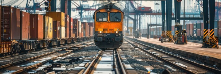 Poster - A freight train is actively being loaded with containers at a bustling railway station in broad daylight. Generative AI