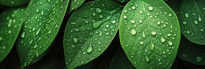 Wall Mural - Glistening water droplets cling to lush green leaves, capturing the essence of freshness in a rich natural environment. Generative AI