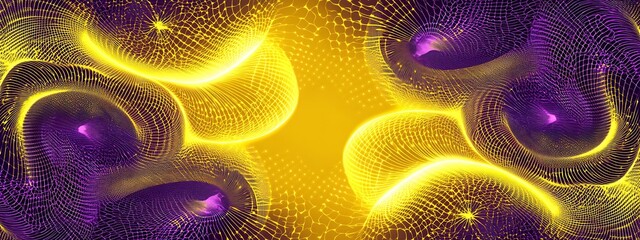 Abstract background with bright yellow and purple glowing particles.