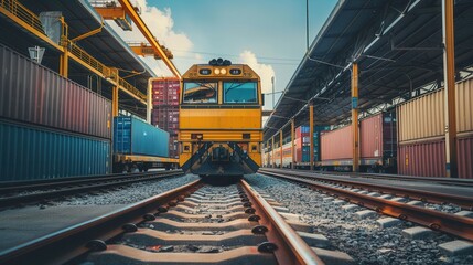 Poster - A freight train is being loaded with cargo containers at a bustling railway station under clear skies. Generative AI