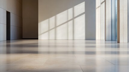 Spacious interior with natural light streaming through large windows, highlighting the smooth floor in a minimalist setting.