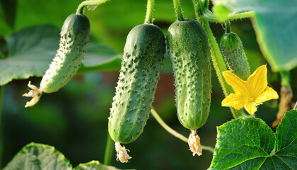 Green cucumbers are on the cucumber plant.